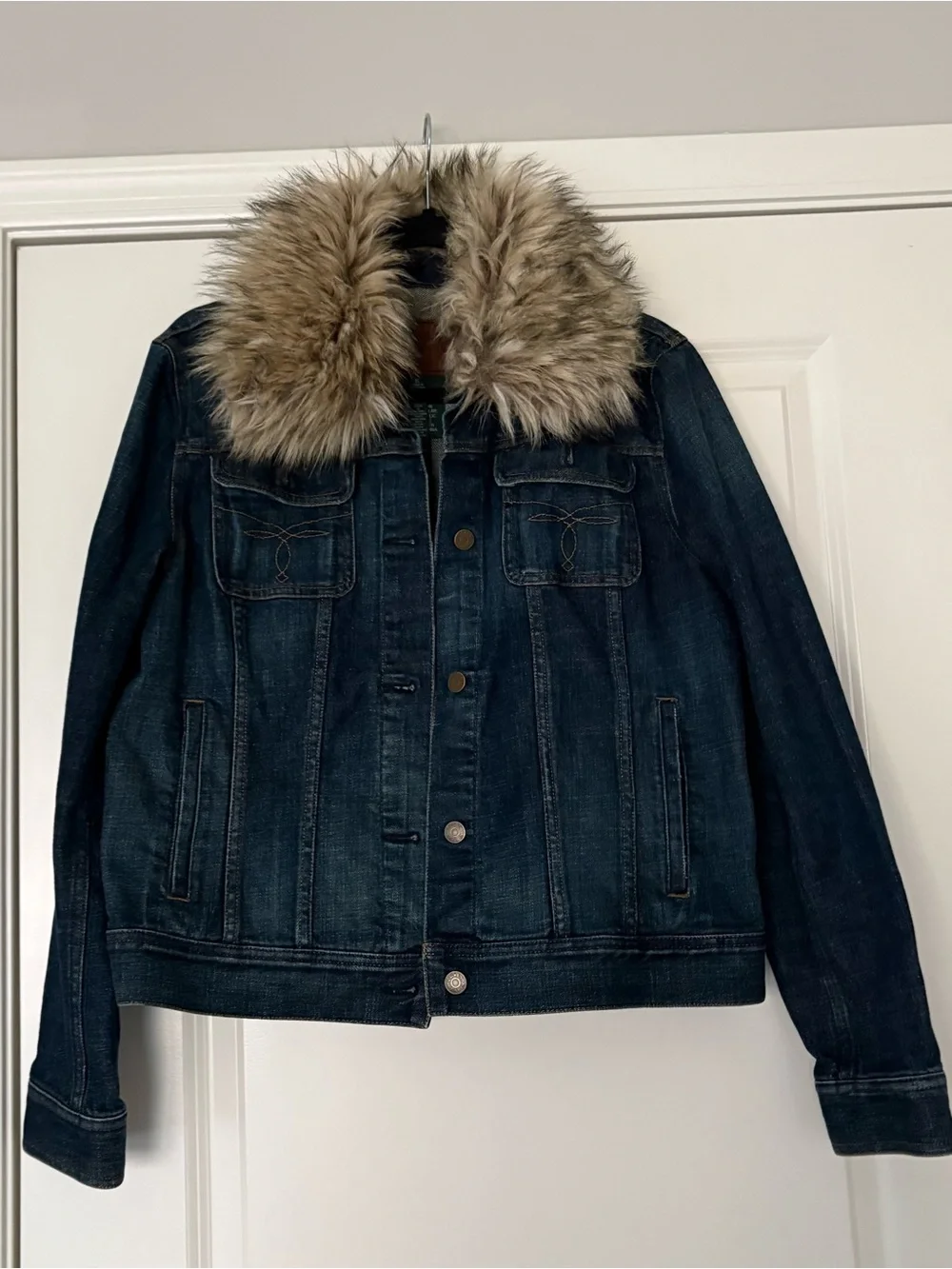 Ralph Lauren Jeans Co. Women’s Faux Fur Collar Dark Denim Jacket - Picture 1 of 11